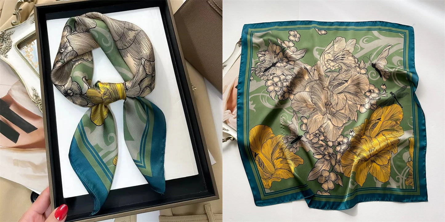 Luxury Floral Print Silk Square Scarf Women Soft Satin Kerchief Hairband Neckerchief Head Hijab Lady Headband Foulard Bag Ribbon