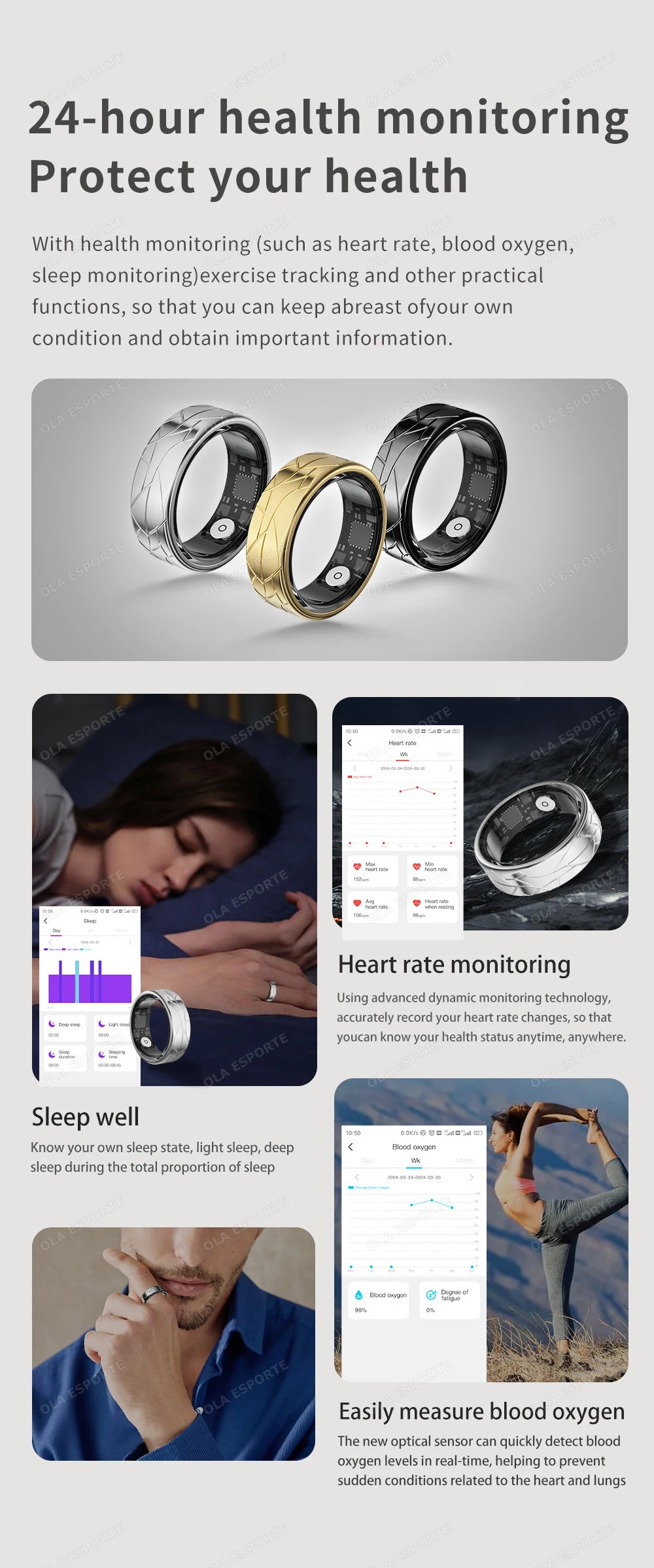 2026 Smart Ring Health and Sleep Tracker Heart Rate Blood Oxygen Monitor Brush Video 5ATM Waterproof Multi Sports Men Women Ring