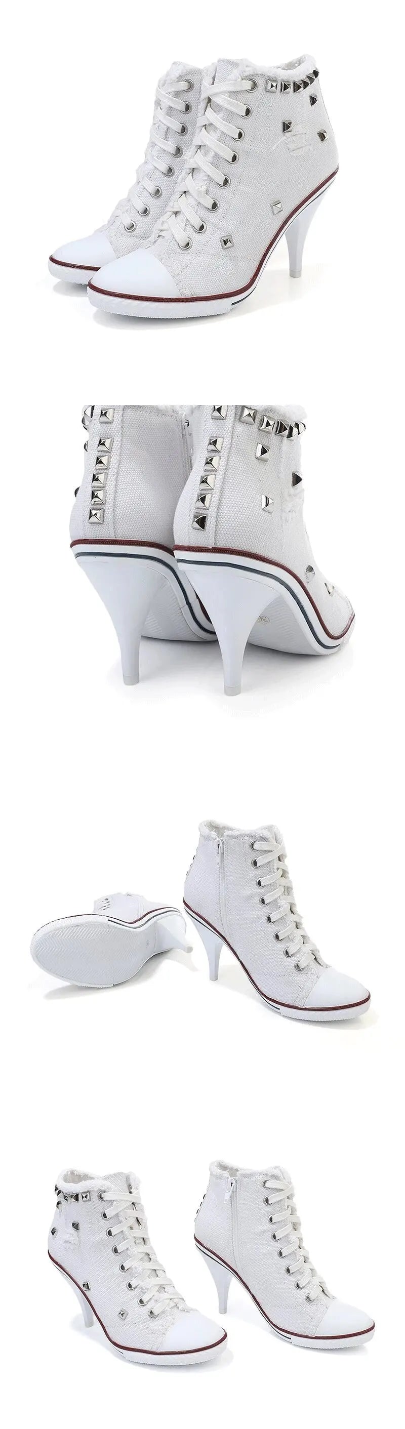 2024 NEW Spring High Heels Rivet Black Shoes Women Fashion Thin Heels Denim Canvas Shoes High Top Round Toe Lace Up Ladies Boots