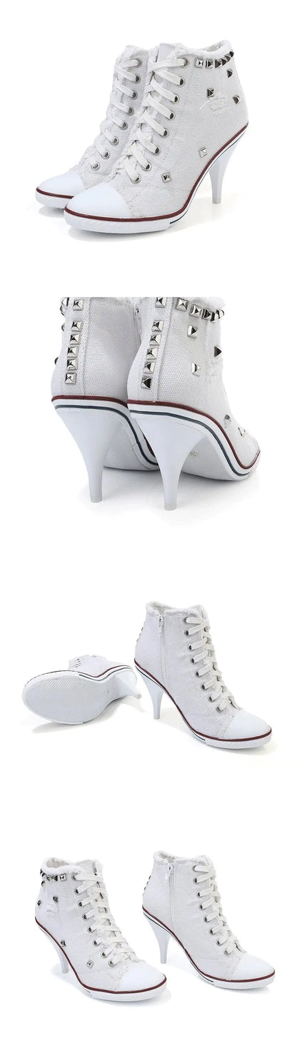 2024 NEW Spring High Heels Rivet Black Shoes Women Fashion Thin Heels Denim Canvas Shoes High Top Round Toe Lace Up Ladies Boots