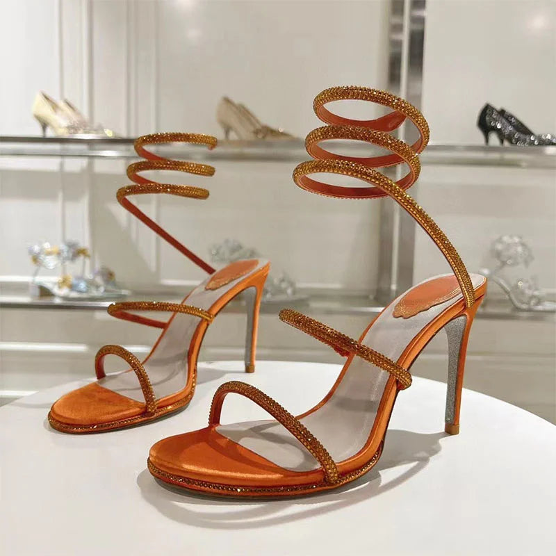 Summer Crystal Gladiator Sandals Women Rhinestone Twine Around Ankle Snake Wedding Shoes High Heels Sandals Woman