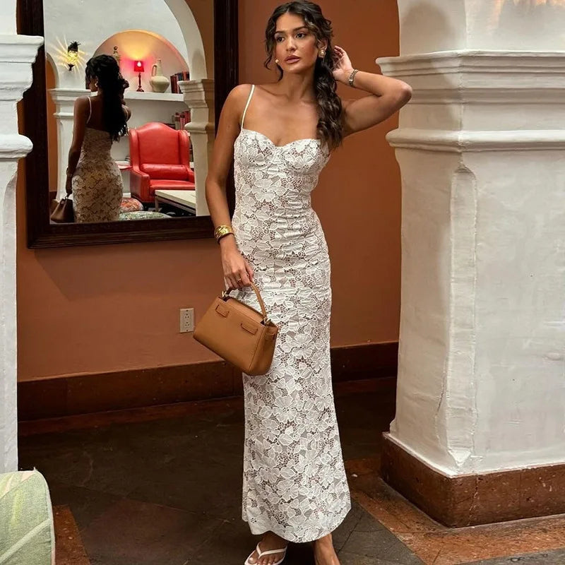 Women's Sexy Lace Splicing Strap Backless Dress Fashionable Slim Suspender Hip Covering Long Slit Female Nightclub Dresses 2026