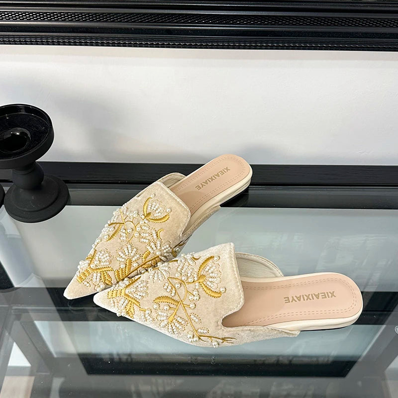 Embroidery Women Mules Slippers Luxury Elegant Pointed Toe Slides Shoes Ladies Sandalias Pointed Bead Embroidery Roman Style