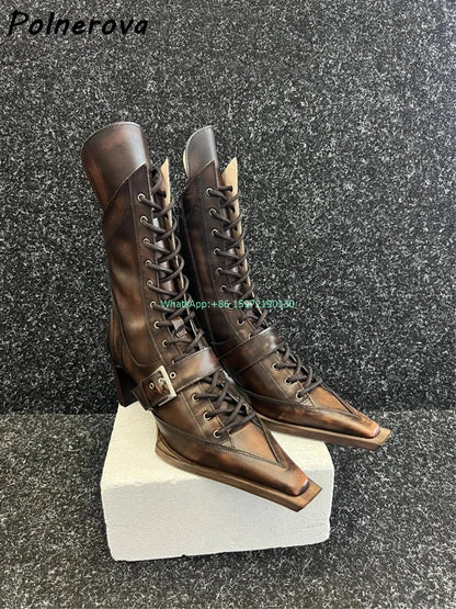 Buckle Belt Cross Tied Boots Solid Square Toe Strange Style Heels Zipper Black Ankle Boots Women's Genuine Leather Modern Boots