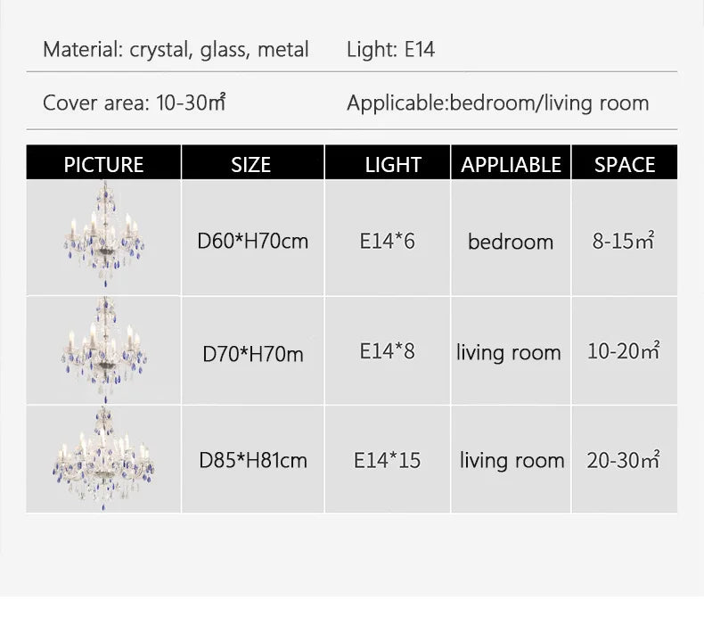French Blue Romantic Crysatl Chandeliers Light Luxury Glass Living Room Art Decor Candle Pendant Lights Lighting Bedroom Lamps