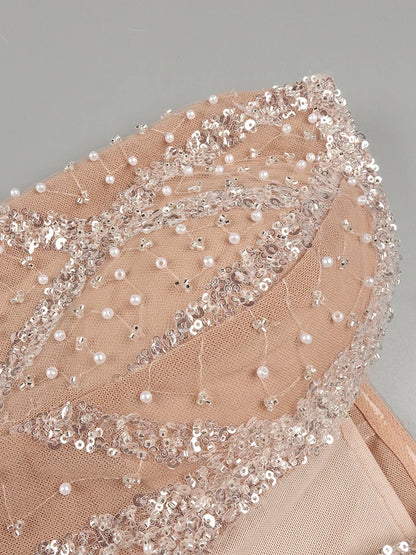 VC Glamorous One-shoulder Sleeveless Beige Crystal Embellished Dress Party Evening Gown