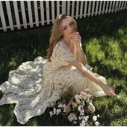 Fashion V-neck Floral Women Maxi Dress Flutter Sleeve Lace Trim High Waist Chiffon Vestidos Summer Female Daily Vacation Dresses
