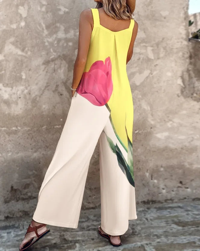 Summer Fashion Thick Strap Jumpsuits for Women Vintage Floral Printed Off Shoulder Wide Leg Loose Straight Jumpsuit with Pocket