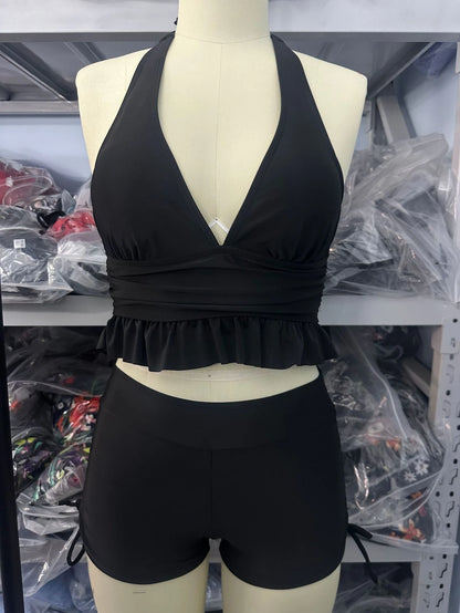 Two Piece Halter Tankini Women Deep V Neck Ruffle Hem Top Drawstring Side Shorts Swimwear