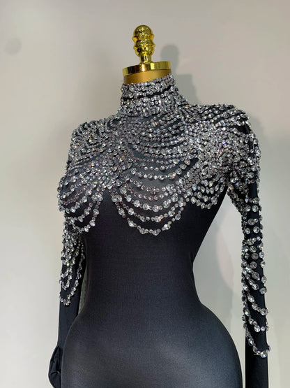 Stock Women Sexy Nightclub Evening Party Drag Queen Singer Dancer Stage Performance Costume Luxury Rhinestone Stretch Jumpsuit