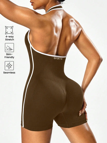 Women's Backless Color-Block Cross-Body Fitness Jumpsuit – Stretchy Yoga One-Piece Outerwear Ideal for Workout, Training & Daily