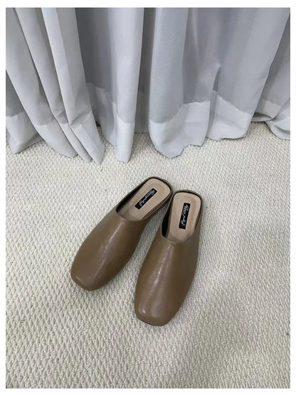 Fashion Square Toe Flat Slippers Women Casual Slip On Mule Luxury Brand Outsides Slides Elegant Pleated Ladies Shoes Sandal Flip