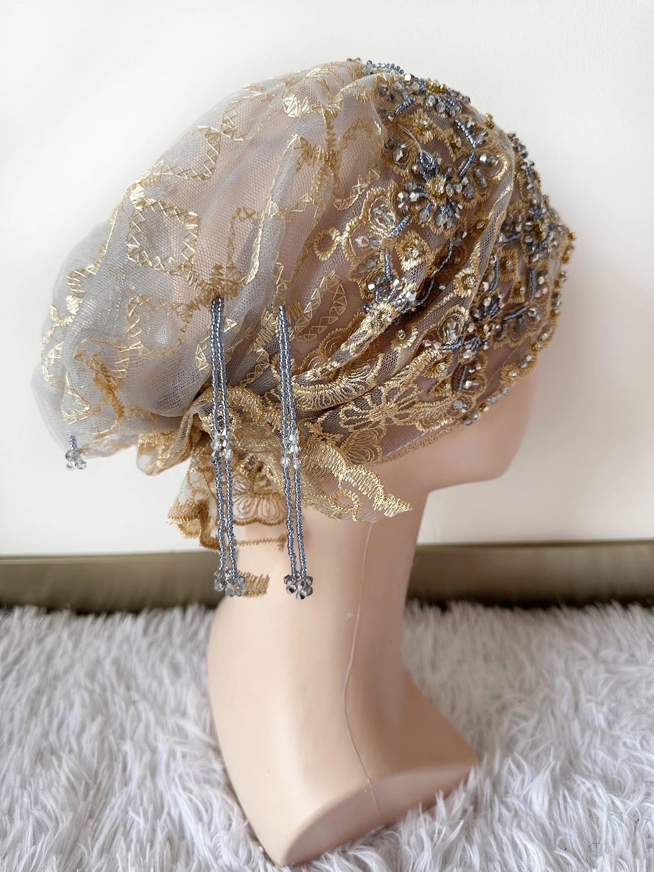 High Quality Lace handcrafted Beaded Turban Hat Female Head Wraps Caps Muslim Women Headscarf Bonnet Ready to Wear Inner Hijabs