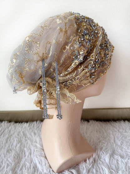 High Quality Lace handcrafted Beaded Turban Hat Female Head Wraps Caps Muslim Women Headscarf Bonnet Ready to Wear Inner Hijabs