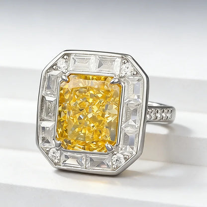 Luxury 18K white Solid Platinum PT950 rectangular yellow diamond ice flower cut 8*10mm moissanite versatile ring for women