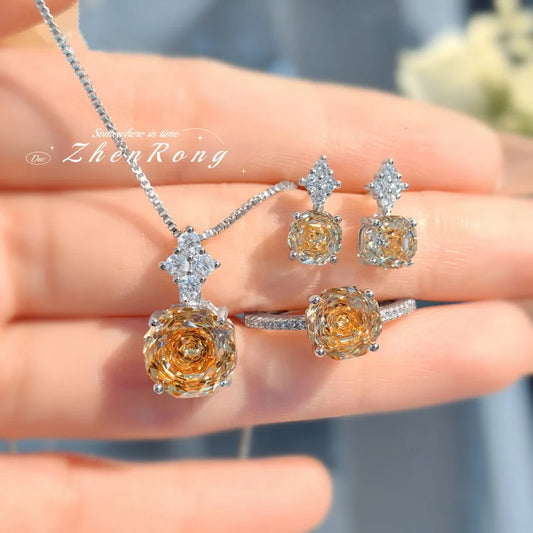 Foyejev Luxury Round Rose-cut Purple-Iron Oxide Zircon Pendant Necklace Earrings Ring Engagement Jewelry Set (Women's Style)