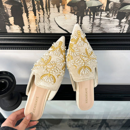Embroidery Women Mules Slippers Luxury Elegant Pointed Toe Slides Shoes Ladies Sandalias Pointed Bead Embroidery Roman Style