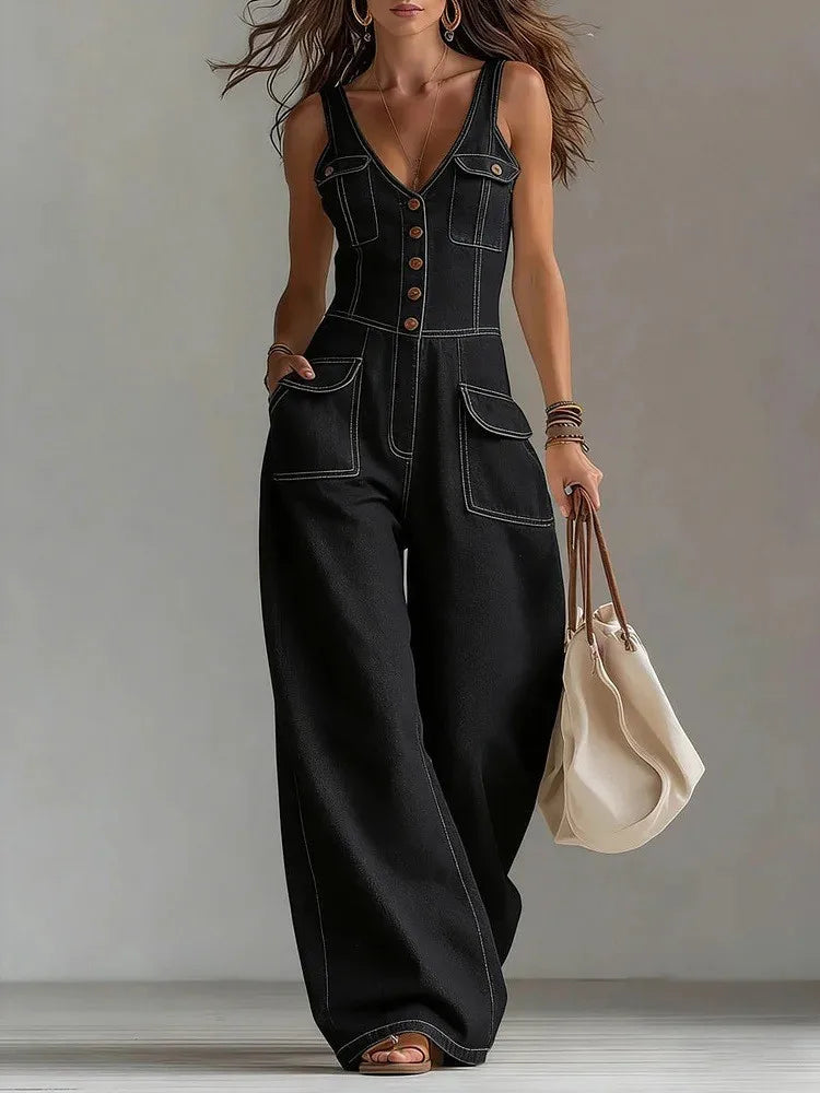 Sexy V Neck Button Denim Jumpsuit Elegant Solid High Waist Woman Romper 2026 Spring Summer Sleeveless Vacation Beach Overalls
