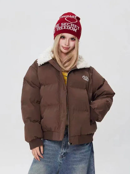 Winter Women Warm Parkas Fashion Fur Patchwork Puffy Coats Y2K Korean Loose Preppy All Match Lapel Down Outwear Mujer
