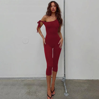 Hugcitar Women'S Fashion One Shoulder Solid Straps Bandage Backless Sexy Playsuit Bodycon Summer Streetwear Party Club Romper