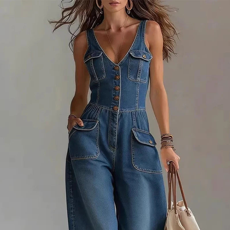 Elegant High Street Denim Suspender Jumpsuit Casual Sleeveless Pockets Straight   Party Playsuits Fashion Single-breasted Romper