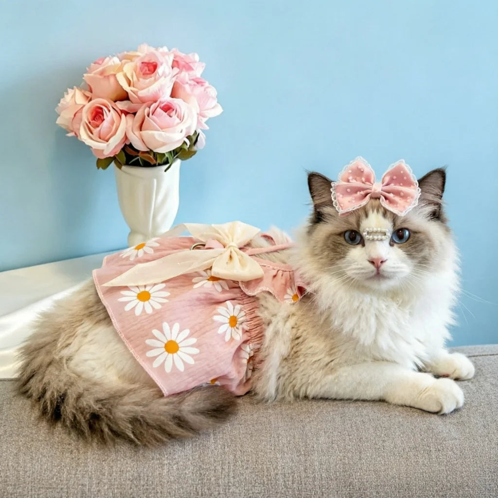 Daisy Print Pet Harness Dress Ruffle Straps Big Sheer Bow D Ring Traction Skirt Summer Thin Clothes for Small Dogs Cats