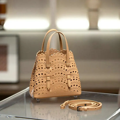 Brand Designer Luxury High Quality Mini Cowhide Shoulder Handbags 2025 Hollow Fashion Large Capacity Genuine Leather Bucket Bag