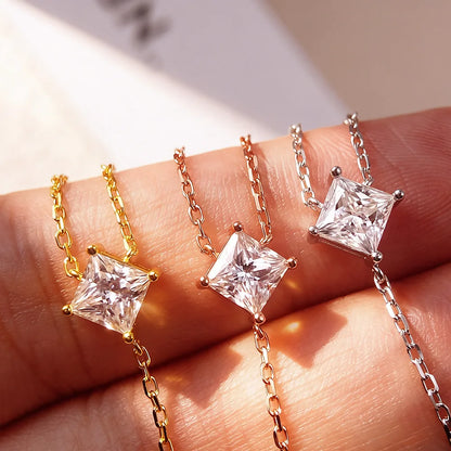 EWYA Y-Style 1CT Princess Cut Certified Moissanite Pendant Necklace Women S925 Silver All Diamond Dainty Tassel Neck Chain Gift