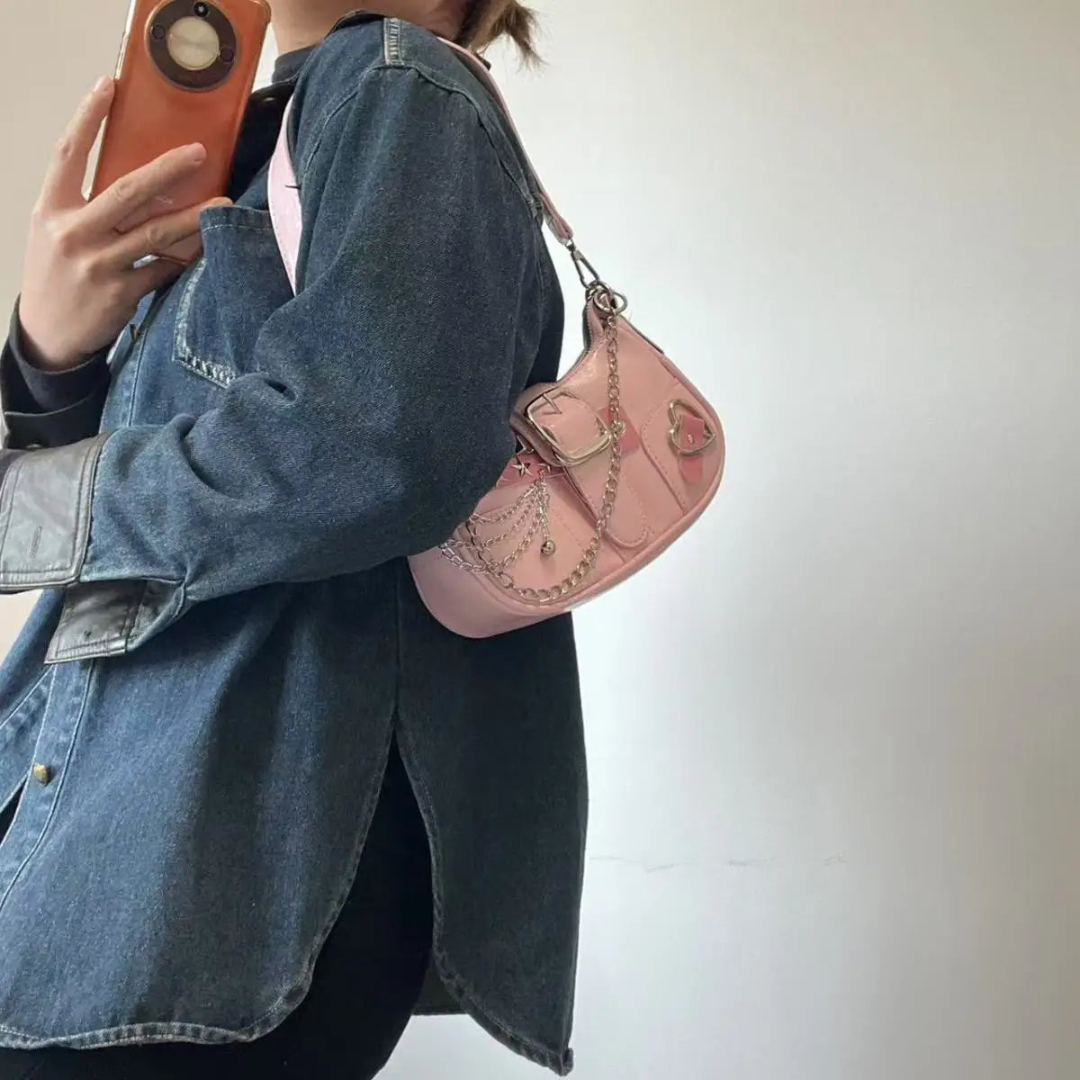 Fashion Hot Girls Square Shoulder Bags Retro Rivet Star Women's Underarm Bag Sweet Pu Leather Female Chain Handbags Pink Purse