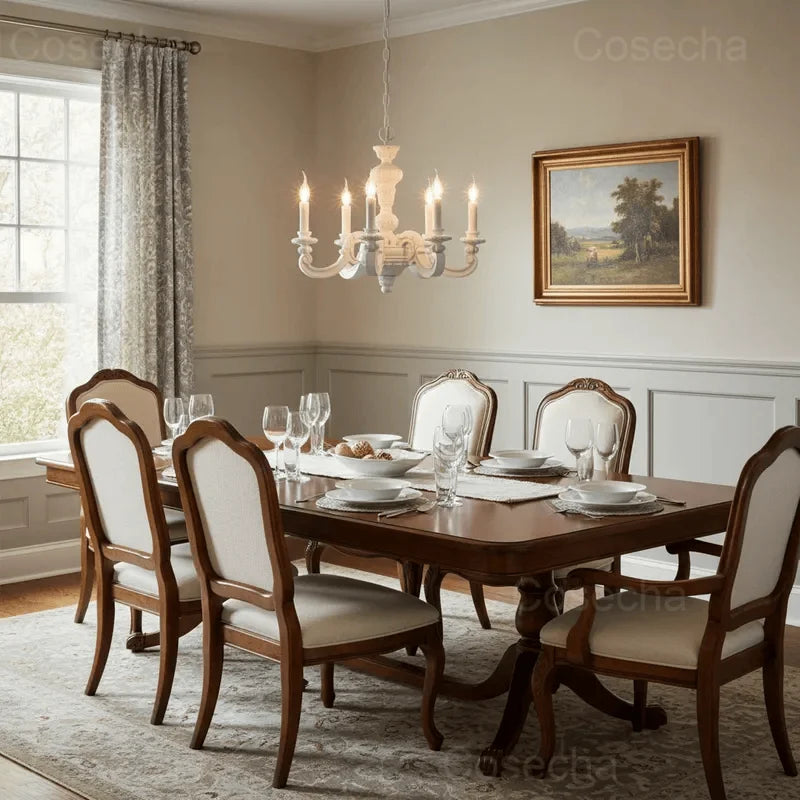 Antique White Wood Chandeliers Mid Century Chandelier Vintage French Hanging Chandeliers Classic 5/6/8 Lights Dining Living Room