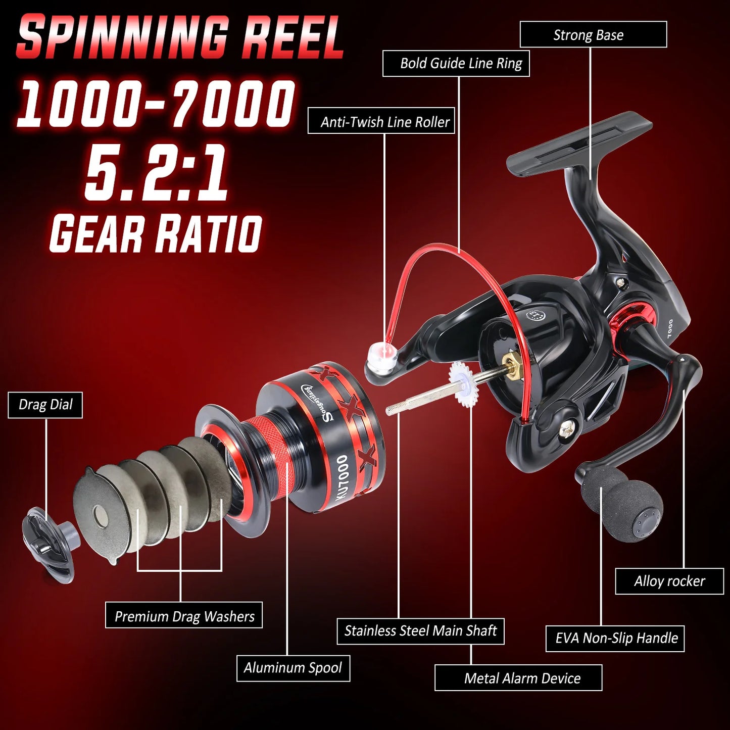 Sougayilang Spinning Fishing Reel 1000-7000 Series 5.2:1 Gear Ratio Aluminum Spool Ultra Smooth Reel Max Drag 20kg Fishing Tool