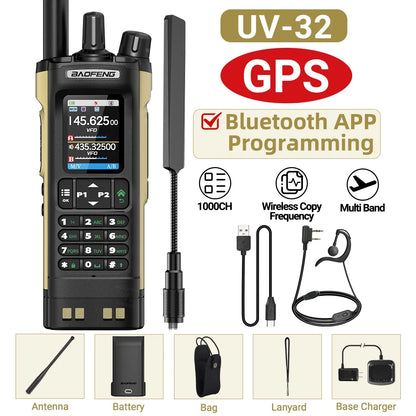 Baofeng UV-32 Walkie Talkie GPS 10W High Tri Power Bluetooth Wireless Programming UHF VHF Scrambler Type C Charge Two Way Radio
