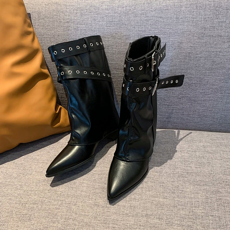 2025 Pointed Toe Women's Winter Boots Designer Mid Heels Elegant Shoes Pumps Fashion Boots New Trend Dress Gothic Ladies Boots