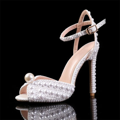 Luxury Handmade Pearl Peep Toe Women Sandals Fashion Summer Wedding Princess Thin High heels Elegant Party Prom Bridal Shoes
