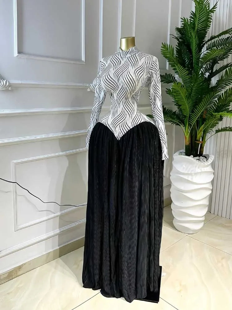 Female Clothing Spring Elegant and Chic Dress Patchwork Transparent Mesh Long Sleeve Pleated Maxi Dress High Waist