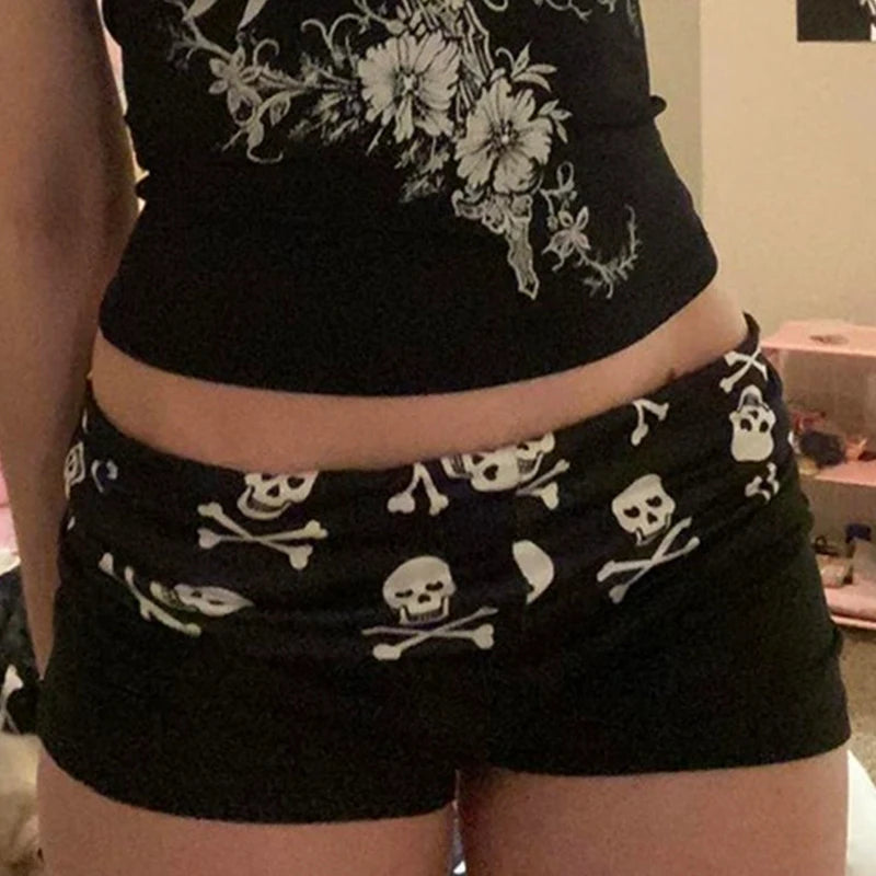 Summer Dark Skull Printing Shorts Casual Fashion Y2K Sexy Slim Versatile Streetwear Low Waist Solid Color American Women Clothes