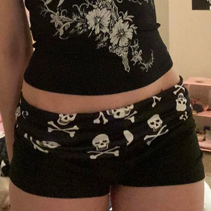 Summer Dark Skull Printing Shorts Casual Fashion Y2K Sexy Slim Versatile Streetwear Low Waist Solid Color American Women Clothes