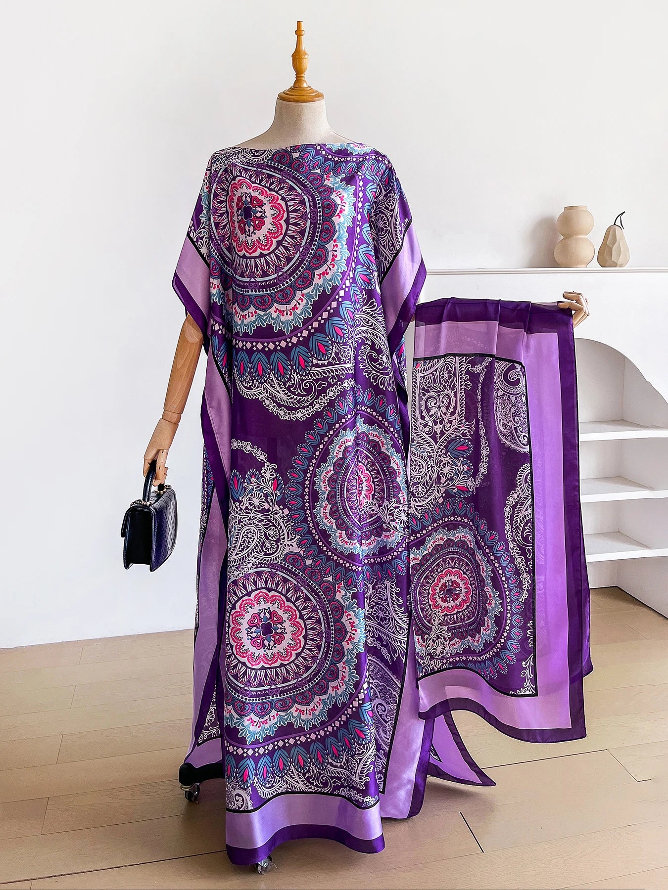 Dubai Mandala Paisley Print Abaya With Matching Scarf, Boat Neck Batwing Sleeve Loose Maxi Kaftan For African Muslim Women