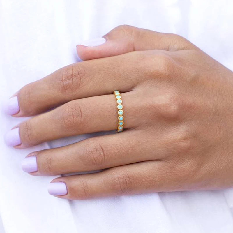 24K Gold Plated Colorful Crystal Gold Rings Turquoise Engagement Wedding Anniversary Ring Light Luxury Fashion Jewelry Gifts A40