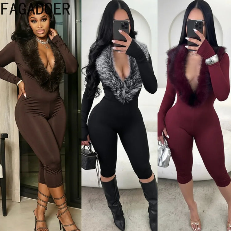 FAGADOER Women Bodycon One Piece Jumpsuit Faux Fur Patchwork Trim Deep V Long Sleeve Stretch Slim Fit Sexy Streetwear Outfit New