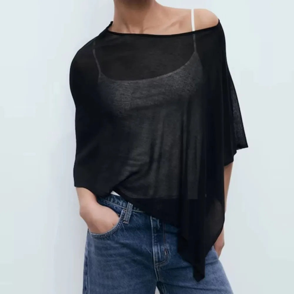 Casual Drop Shoulder Crochet Poncho Sweater Sheer Multi-wear Halter Shawl Irregular Knitted Cover-ups Vacation Outfits