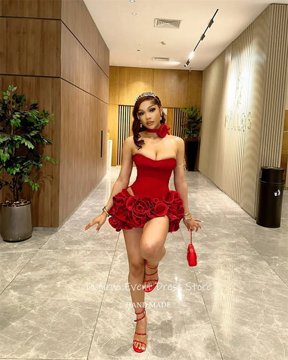 Dianruo Satin Sweetheart Prom Dress Red Above Knee Ruched Birthday Dresses Floral Appliques Romantic Evening Dresses Customized