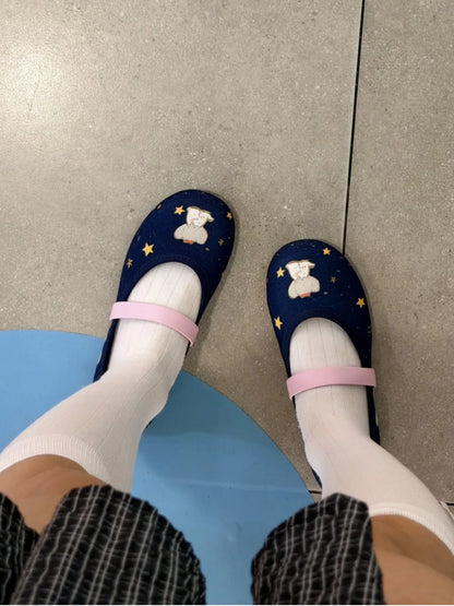 Denim Elephant Print Mary Jane Shoes For Women, Round Toe, Flat Ballet Shoes With a Shallow Neckline