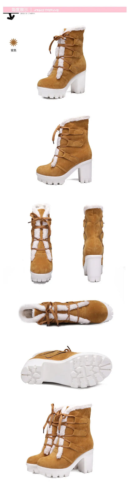 Winter Warm Girls Boots Fashion Lace Up Platform High Heels Women Ankle Boots Cosplay Casaul Party Fur Warm Women Boots Shoes 43