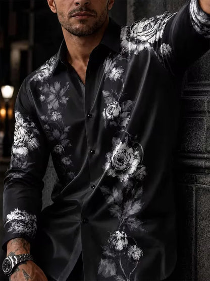 New Men's Purple Gold Phoenix National Style Curly Grass 3D Printed Long Sleeve Shirt Smooth High Gloss Collar Top