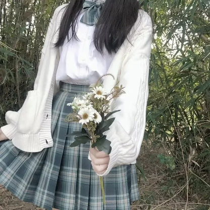 School Autumn Winter Lazy Style Japanese JK Knit Cardigan Loose College Sweater Plaid Skirt Matching Set For Campus Daily Class