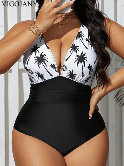 VigoJany 2025 Women Patchwork Plus Size Swimwear Strapped Push Up Large One Piece Swimsuit Brazilian Beach Chubby Bathing Suit