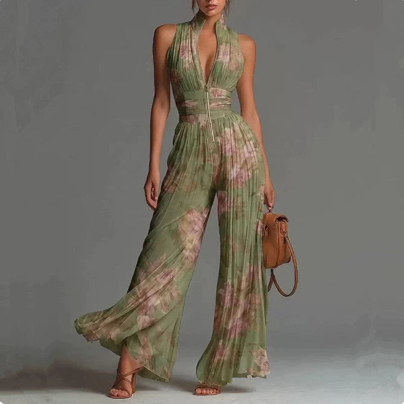 Women Elegant Chiffon Sleeveless Jumpsuit High Waist Pleated Flowy Wide Leg One Piece Overalls Holiday Casual Streetwear Rompers