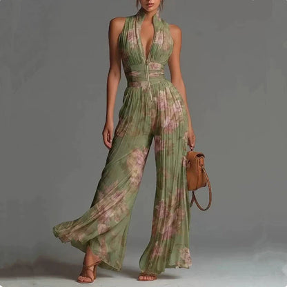 Women Elegant Chiffon Sleeveless Jumpsuit High Waist Pleated Flowy Wide Leg One Piece Overalls Holiday Casual Streetwear Rompers
