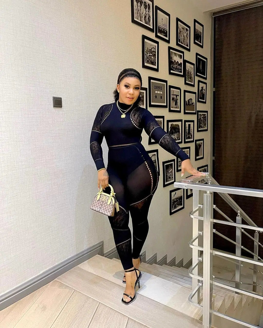 CM.YAYA Long Sleeve Sexy Mesh Lace Hollow Out Women’s Jumpsuits 2024 Fall O-Neck Night Club Party Pajamas  One Piece Outfits